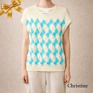 Christine Original Cup Sleeve Sweater Vest Turquoise White Vintage Medium